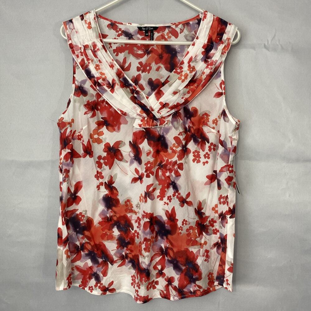 NIC+ZOE Top 14 Silk Blend Sleeveless Colorful Floral Pintuck Shell Blouse Plus